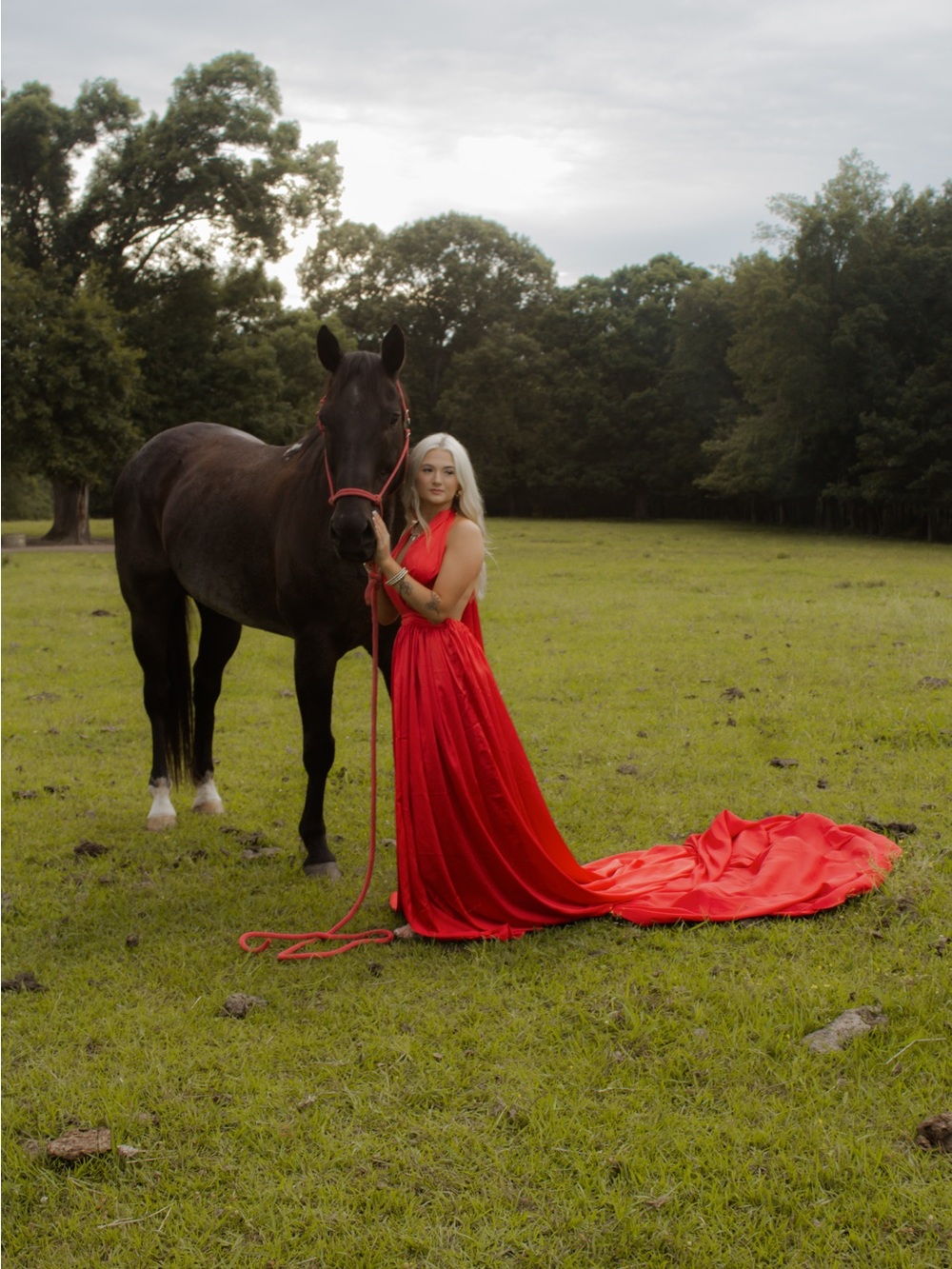 Amazon Red Maxi Dress with Halter Neck and Flowing Train